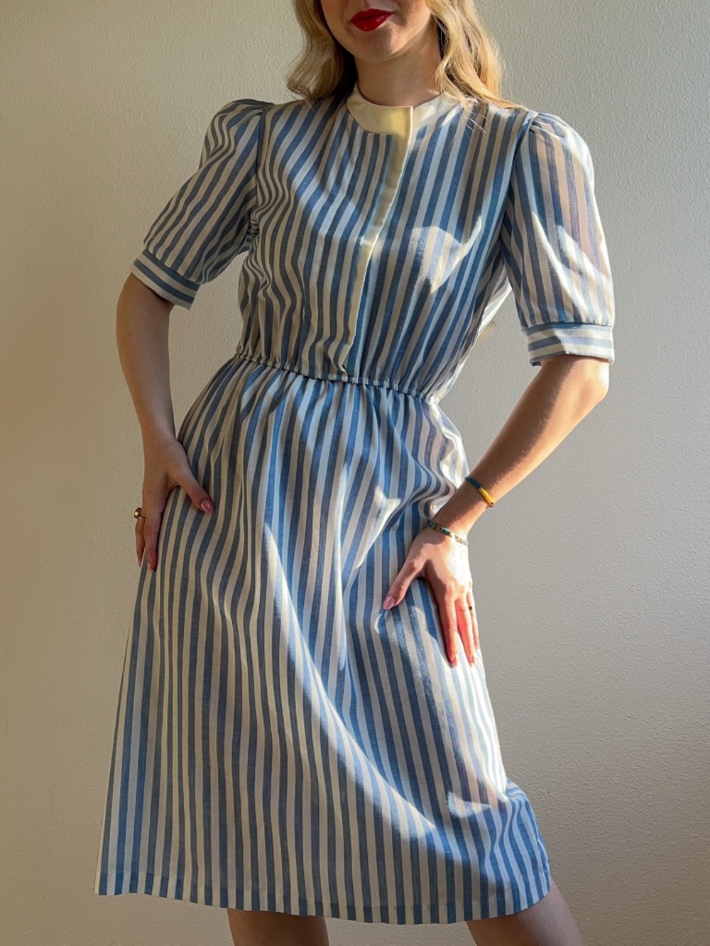 Vintage 1980s Blue and White Striped Summer Dress (S/M)